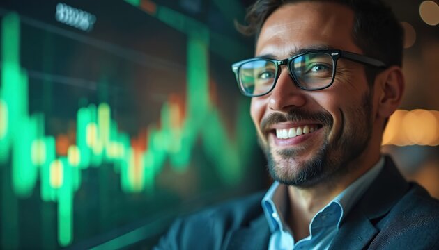Smiling trader watches stock market graphs on computer screen. Excited man analyzes financial data, showing success, profit in trading. Focus on economic growth, investment, banking achievements.