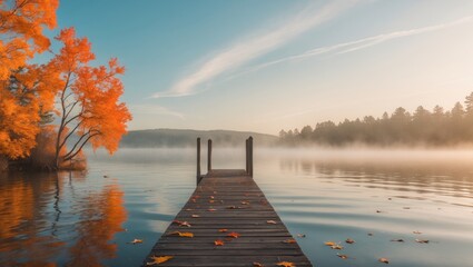 A beautiful autumn day at Lake with vibrant orange trees, wooden dock, and misty water scene.