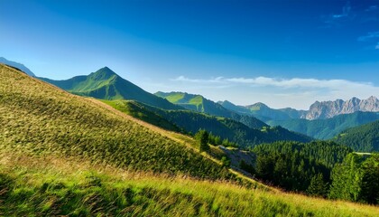 mountain landscape with green forest and clear blue sky creating peaceful and natural atmosphere