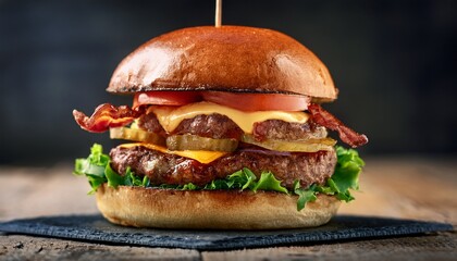 mouthwatering stacked burger featuring bacon cheese fresh vegetables and toasted buns in a modern setting