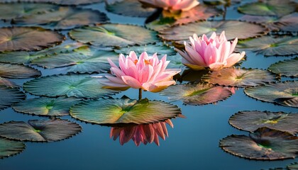 pink lotus flowers blooming gracefully on still water with green lotus leaves surrounding them and subtle reflections on the ponds surface