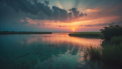 Naklejka premium A View Of A Lagoon During Sunset with nature photography.