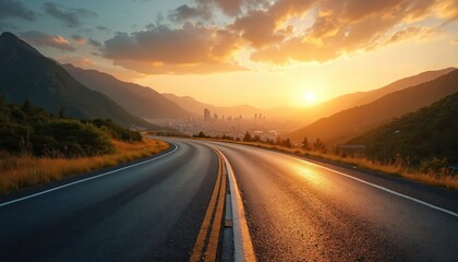 Fototapeta premium Winding asphalt highway through green mountains leads to city skyline at sunset. Golden hour light reflects on road surface. Open road journey towards urban landscape, conveying freedom and travel.