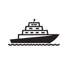 Cruise ship floating on water, simple vector icon on a black background for transportation or travel themes