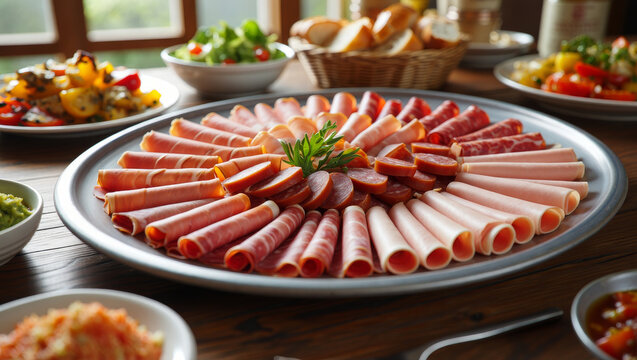 Artfully arranged charcuterie platter with rolled ham and sliced sausage, served on a buffet table with fresh salads and bread