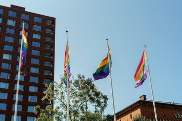 Rainbow flags waving with a building in the background