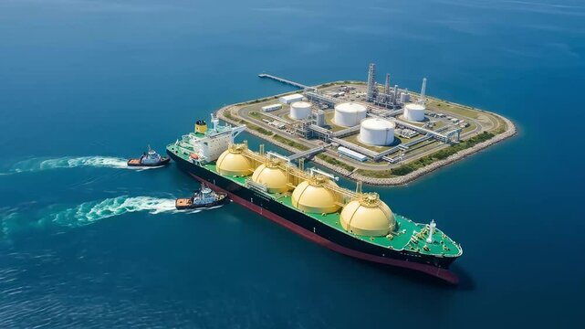 Aerial View of LNG Tanker Ship Approaching Offshore Industrial Facility in Calm Blue Ocean