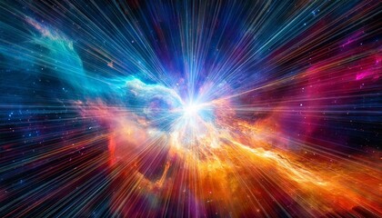 vibrant cosmic explosion in a nebula with colorful swirls and bright light rays