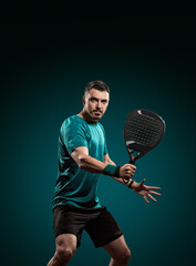 Professional Padel player with racket, perfect for online store banners, padel championship ads, or...