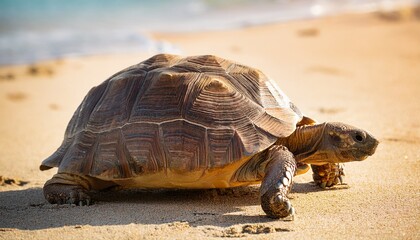 a majestic tortoise traverses a sunlit sandy beach