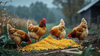 Fototapeta premium Farm Chickens Eating Corn In The Countryside with Empty Copy Space For Text