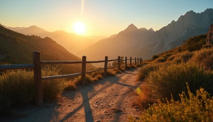 Golden hour sun illuminates scenic mountain trail, perfect for nature lovers. Warm, inviting landscape with rugged terrain and dry grass invites exploration and peaceful journey. Fence guides path.
