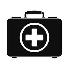 Obraz premium First aid kit icon minimal design white medical cross symbol on black background health care emergency supplies