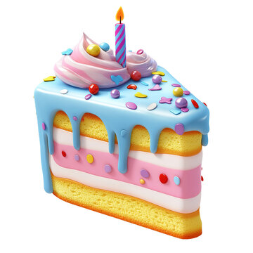 Colorful birthday cake slice with frosting and sprinkles isolated on transparent background.
