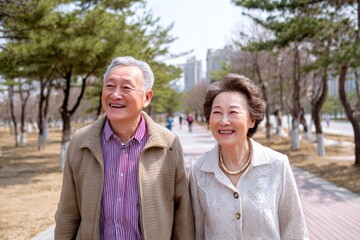 Happy senior elderly couple smiling walking outdoors in park du sp sunny day enjoying nature and outdoor leisure activity in urban setting