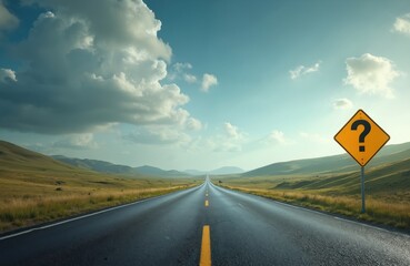 Long, empty asphalt road stretches towards horizon under vast sky with scattered clouds. Bright yellow diamond-shaped sign with prominent black question mark stands beside highway, uncertainty,