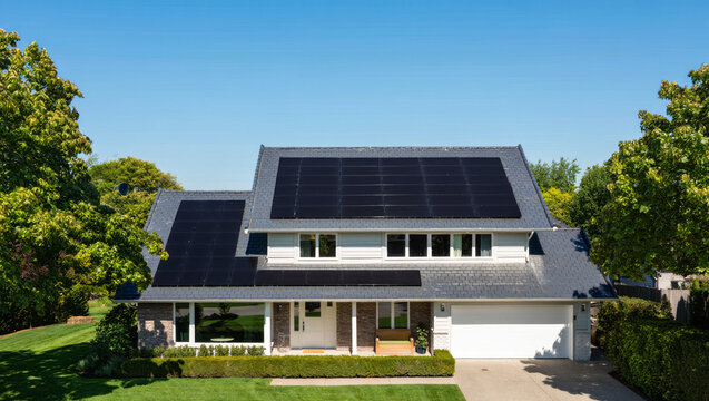 Front view of a modern suburban house with black solar panels on a slate roof under a clear blue sky on a sunny day