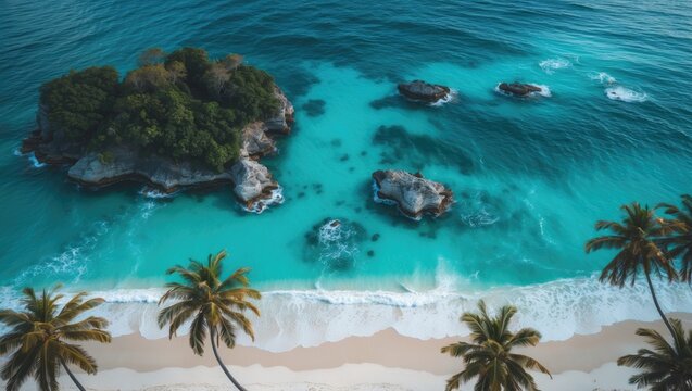 Aerial view of a beautiful tropical desert island beach from drone, with blue ocean water, waves, and nature scenery. - Powered by Adobe