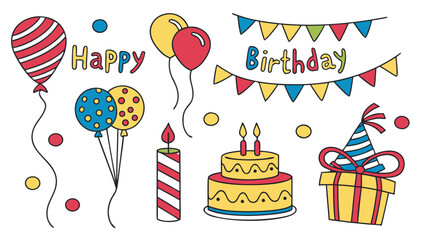 Colorful Birthday Clip Art Set — Balloons, Cake, Gifts, Banners, Party Hats & Candles in Festive Doodle Style