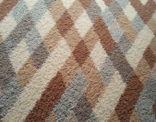 Close-up of carpet texture with random geometric pattern in brown, white, beige, grey. Features stripes, grunge accents. Offers seamless background texture suitable for upholstery, flooring, interior