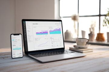 Laptop and smartphone displaying financial data on a wooden table next to a cup of coffee in a bright workspace