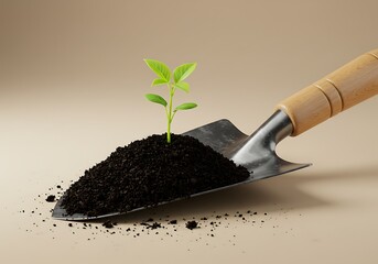 gardening shovel full of soil, with a small plant sprouting in the center, neutral background, natural lighting, realistic style.