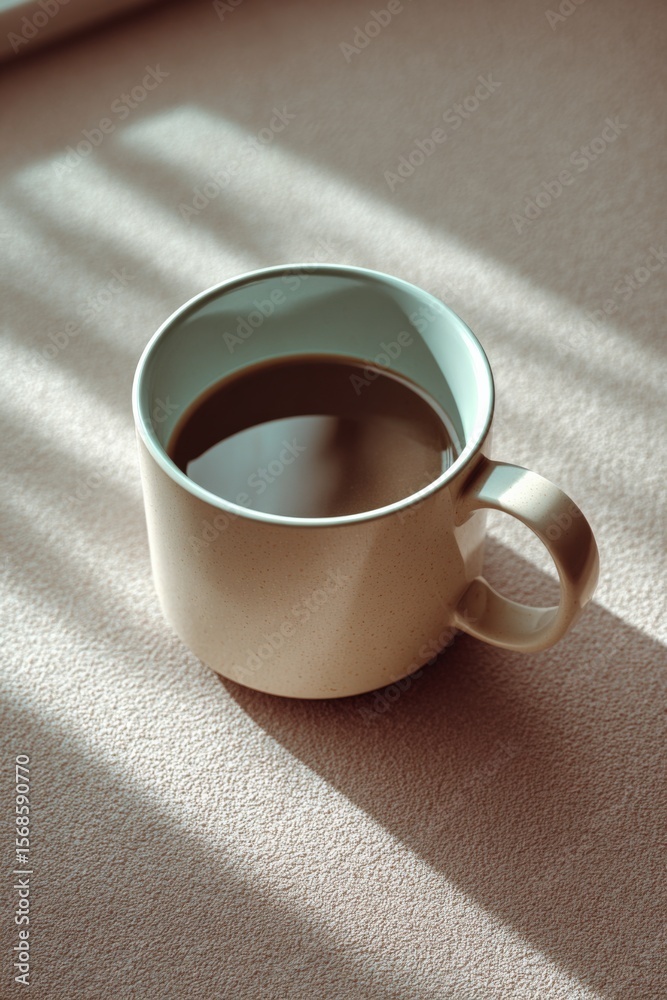 Poster Coffee Cup on a Table with Soft Natural Sunlight Shadows Creating a Calm Cozy Atmosphere for Relaxation or Breakfast