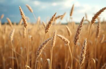 Fototapeta premium Golden wheat stalks ripen in sunlit field, bounty of summer agriculture. Close-up view highlights natural beauty of grain crop, emphasizing healthy growth, potential for delicious food products.