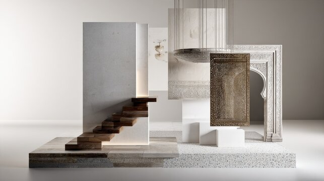 Modern minimalist interior design with floating wooden stairs, geometric arches, textured wall panels, and neutral color palette