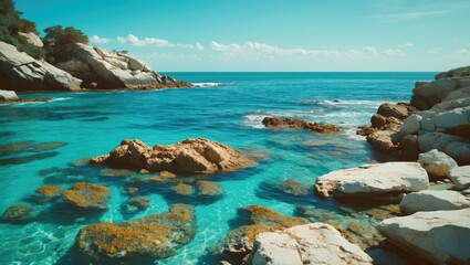Rocky Shore Of Azure Water with clear blue sea, rocks, and coast, scenic view.