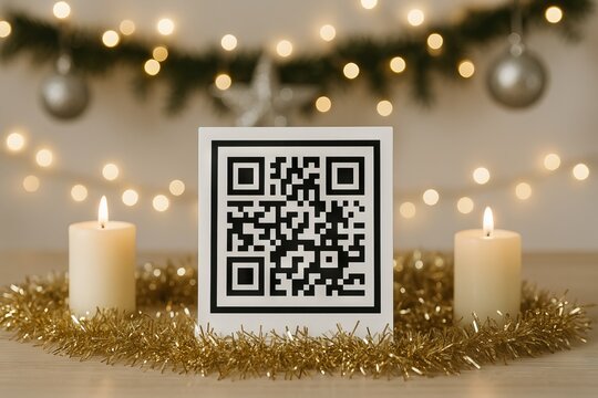 Festive qr code amidst christmas decor with sparkling lights, candles, and tinsel for holiday celebration concept of digital technology, festivity ambiance - Powered by Adobe