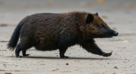 a small brown animal walking across a sandy beach