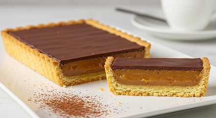 Cross-section view of rectangular Scottish caramel tart with biscuit base and milk chocolate topping on white plate with cocoa powder, white background