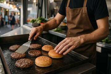 Man grilling burgers at a food truck with fresh ingredients around during a busy day. concept of street food, cooking, culinary skills