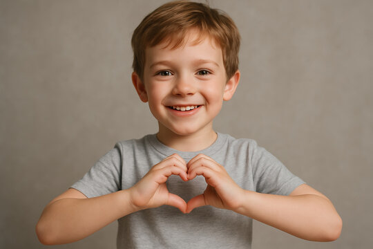 Smiling boy making heart gesture with hands on plain background. concept of childhood, love, simple joy