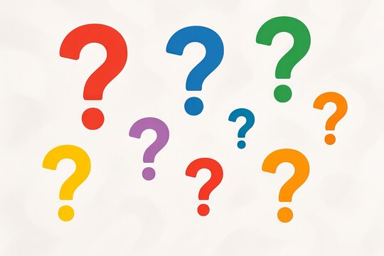 Colorful floating question marks on simple background concept of curiosity, inquiry, and puzzlement in abstract design illustration