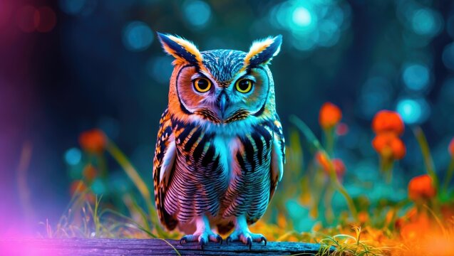 A serious little owl looking at the camera