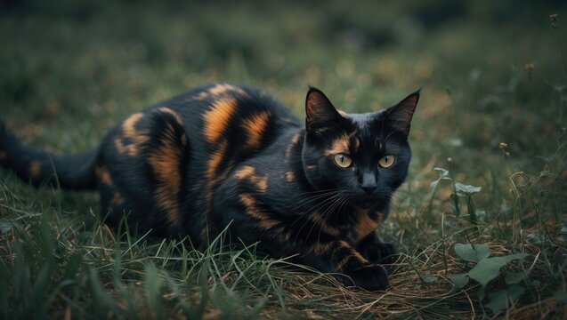A tortoise shell cat lying on the grass