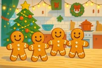 Gingerbread people on kitchen table with christmas tree and festive decor illustration. concept of holiday baking, festive kitchen ambiance, christmas celebration