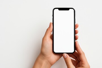 Woman Hands holding smartphone with blank screen, perfect for mockups and digital applications. concept of technology, communication, mobile device use, copy space, white background