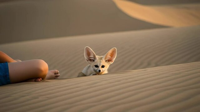 A fennec fox peeks its head above the sand next to a child&rsquo;s feet in the desert