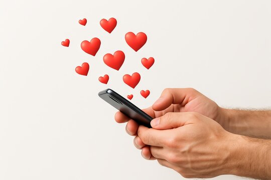 Male Hands holding smartphone with floating red hearts on white background. concept of communication, love, digital messaging