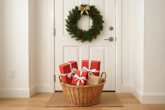 Christmas gifts in a wicker basket at the front door with festive wreath decor. concept of holiday spirit, festive home entrance, gift giving, christmas decoration. - Powered by Adobe