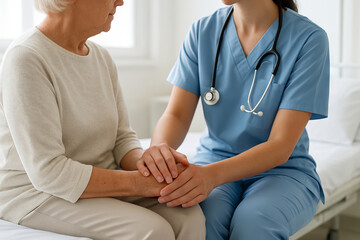 Female nurse comforts elderly woman patient at hospital, offering support and care. concept of compassion, healthcare, patient support, medical professionalism.