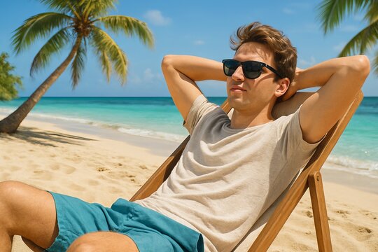 Relaxed young man enjoying a sunny day at tropical beach in casual outfit and sunglasses. concept of leisure, vacation, beach relaxation