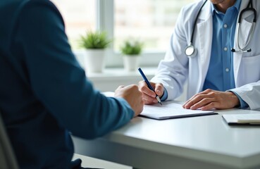 Obraz premium Doctor in white coat with stethoscope writes prescription for patient at desk. Medical consultation in clinic office. Physician advises patient on health care, diagnosis, treatment and paperwork.
