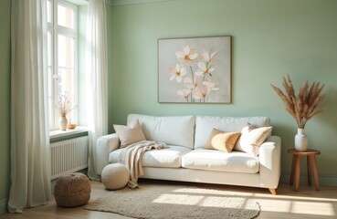 Naklejka premium Serene living room with plush white sofa, featuring neutral-toned pillows, cozy throw blanket. Natural light streams through large window, illuminating soft green walls adorned with floral art. Two