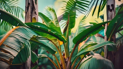 Close Up View Of Banana Leaves Texture Background For Design with Empty Copy Space For Text