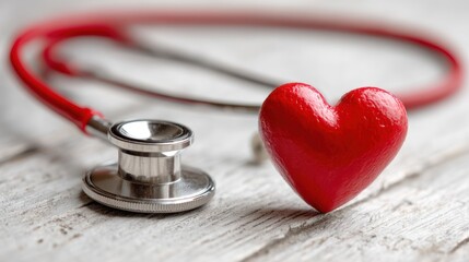 Red Heart and Stethoscope on Wooden Surface: A Symbol of Healthcare and Cardiology