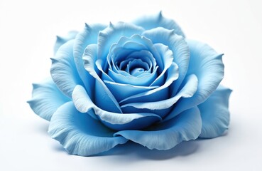 Obraz premium Striking blue rose closeup, isolated on white background. Features vibrant color, smooth semitransparent layered petals. Elegant floral beauty, minimalist design with sophisticated blooming petals,